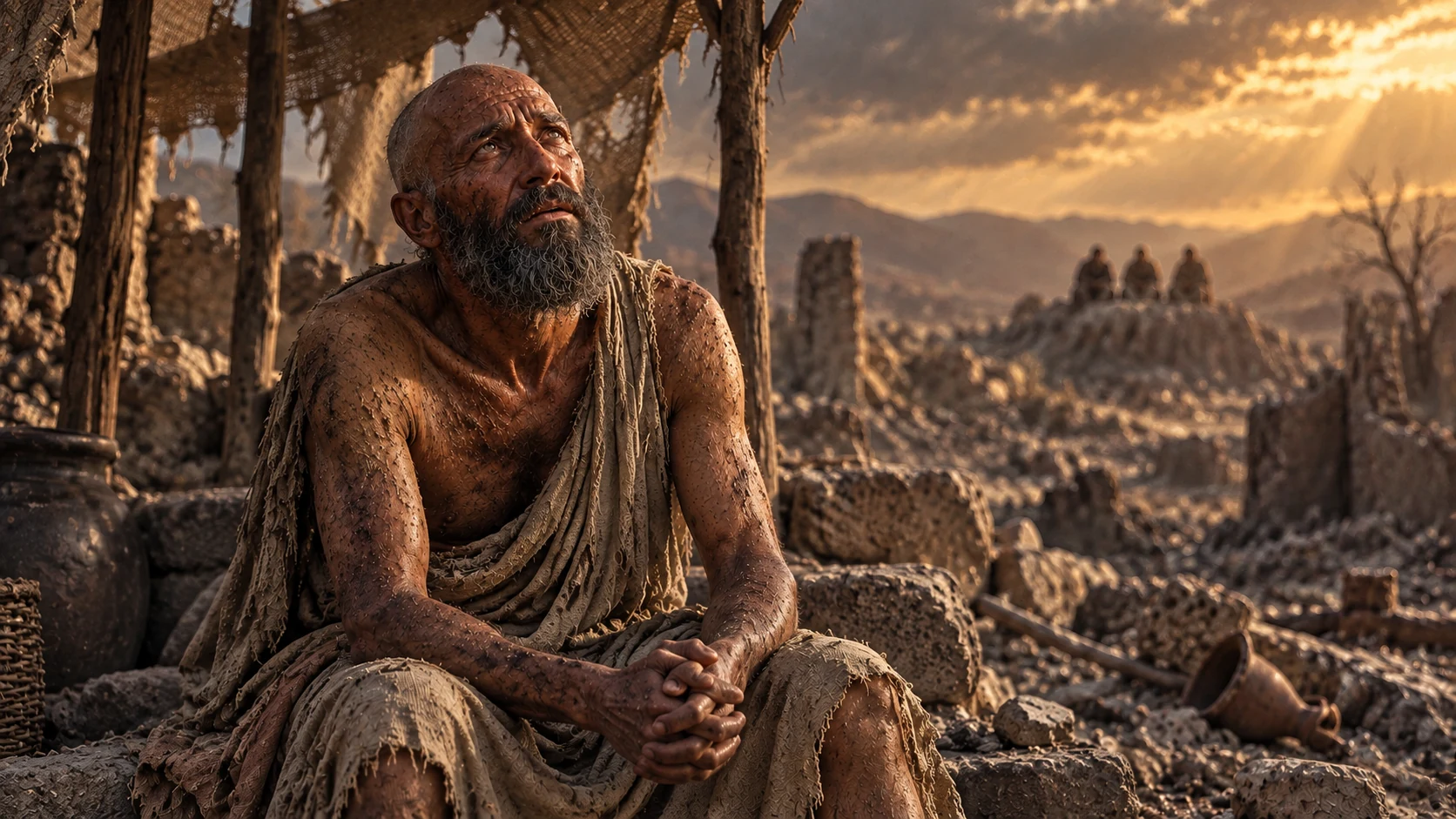 Job sits gaunt beneath a damaged awning while his friends remain in the distance.