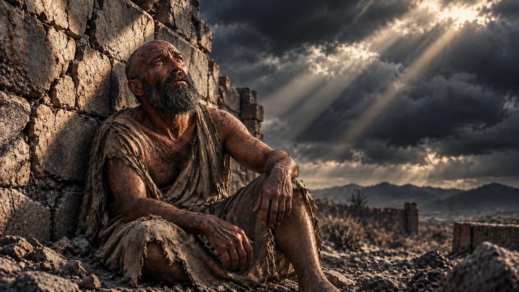 Job sits beneath storm shadows beside a cracked stone wall.