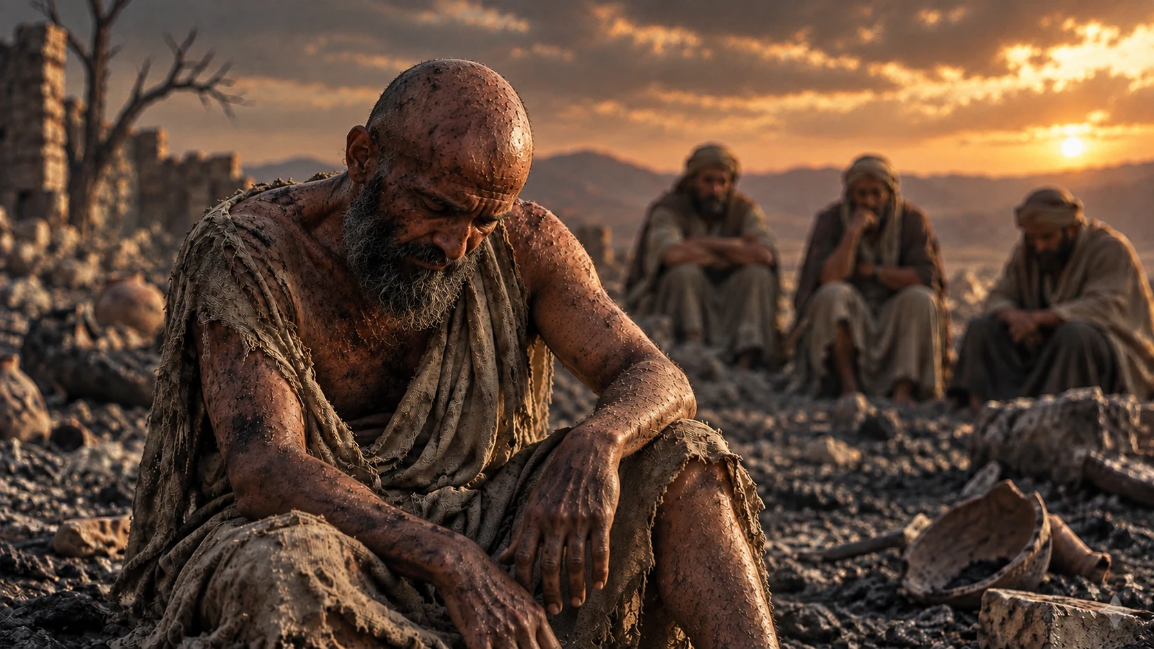 Job sits exhausted among ashes while his three friends remain behind him.