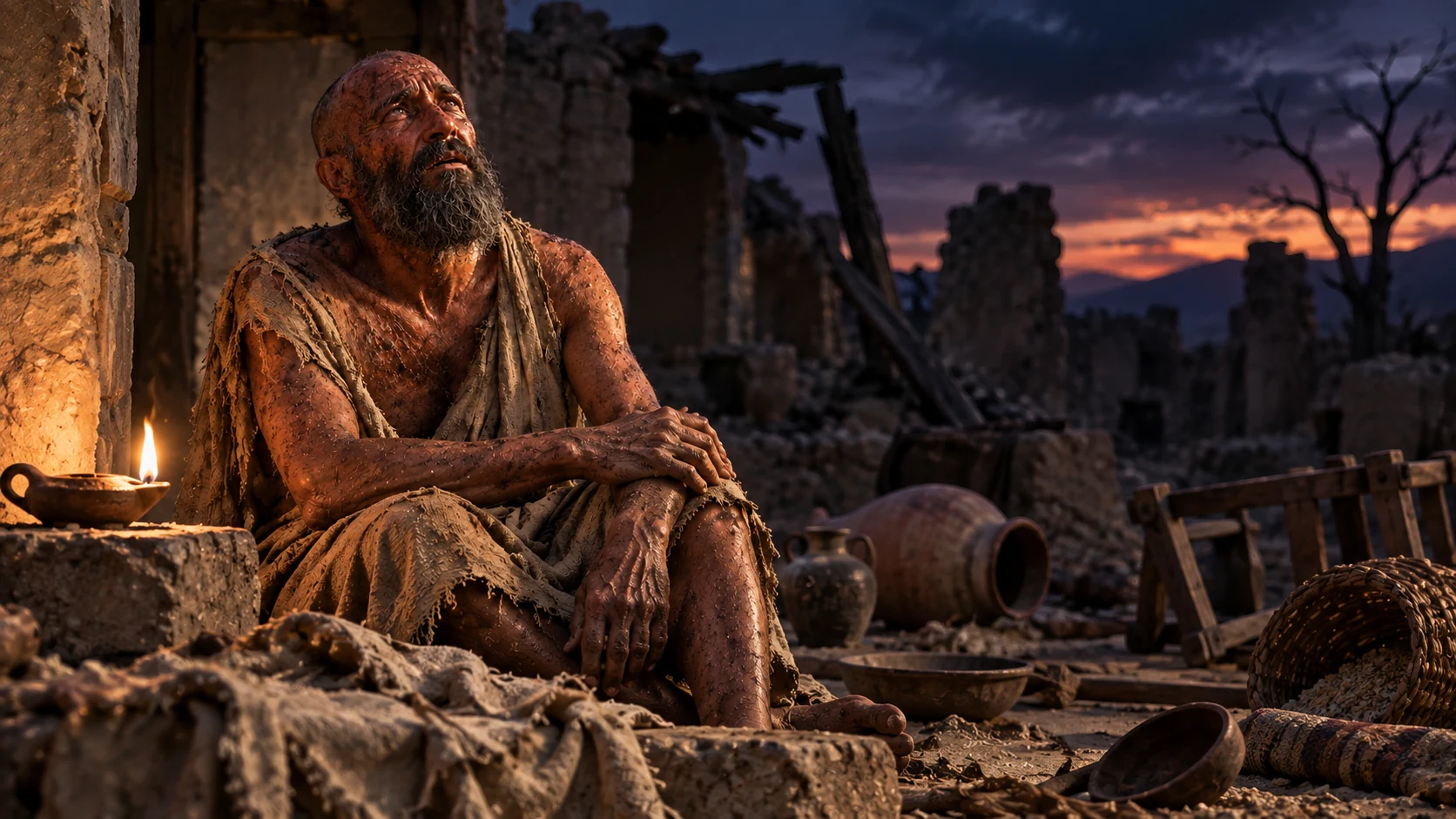 Job sits by a small lamp outside his damaged home at nightfall.