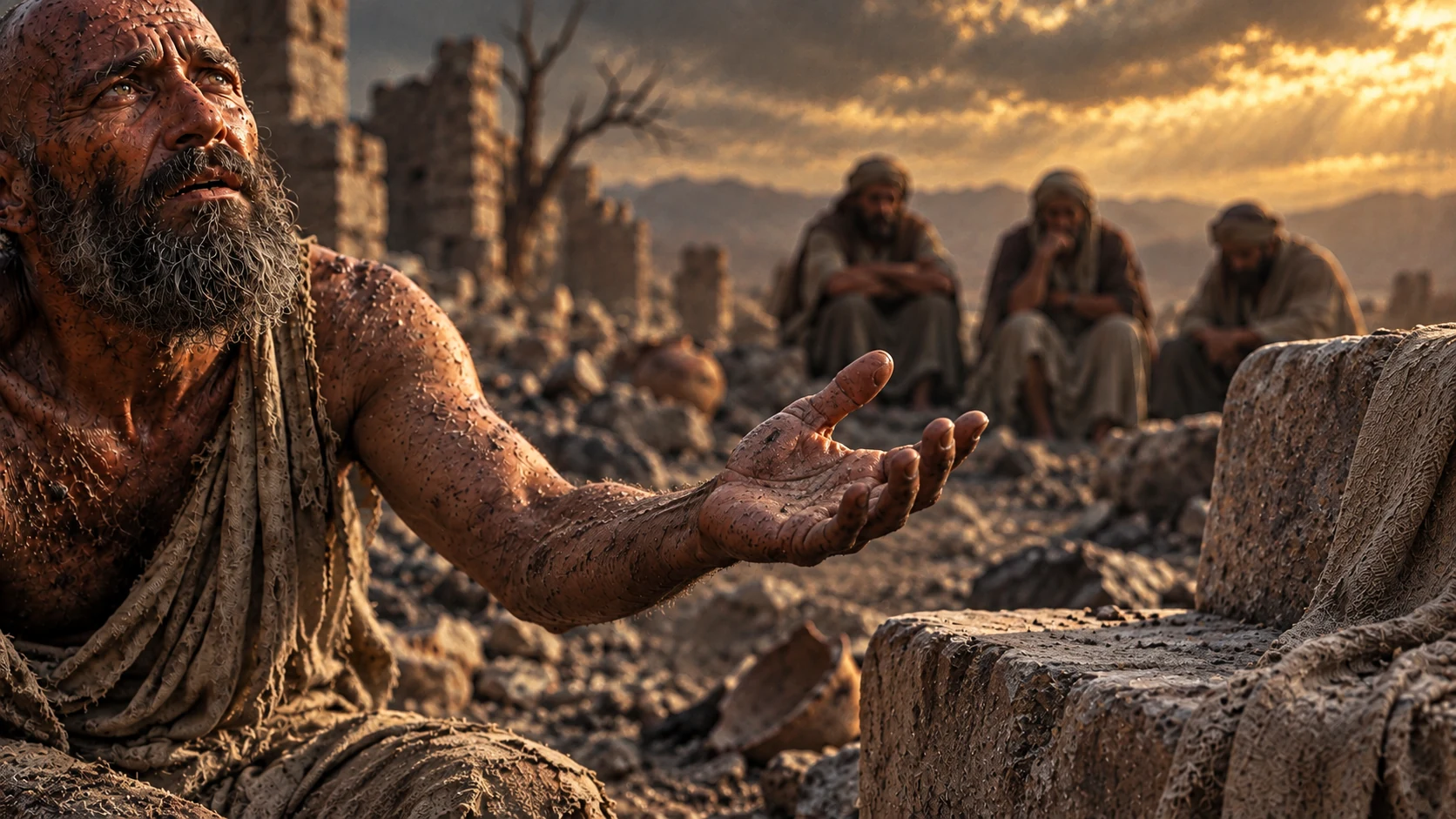 Job extends an empty hand toward an unoccupied stone seat.