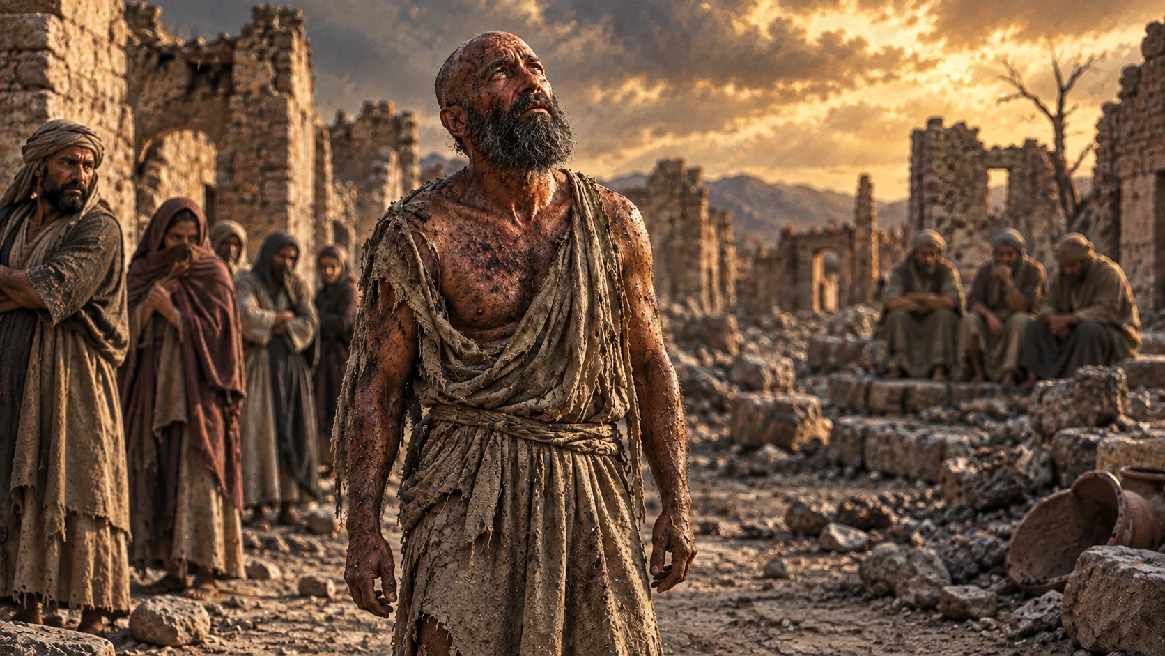 Job stands upright in a ruined street as distant people keep their distance.