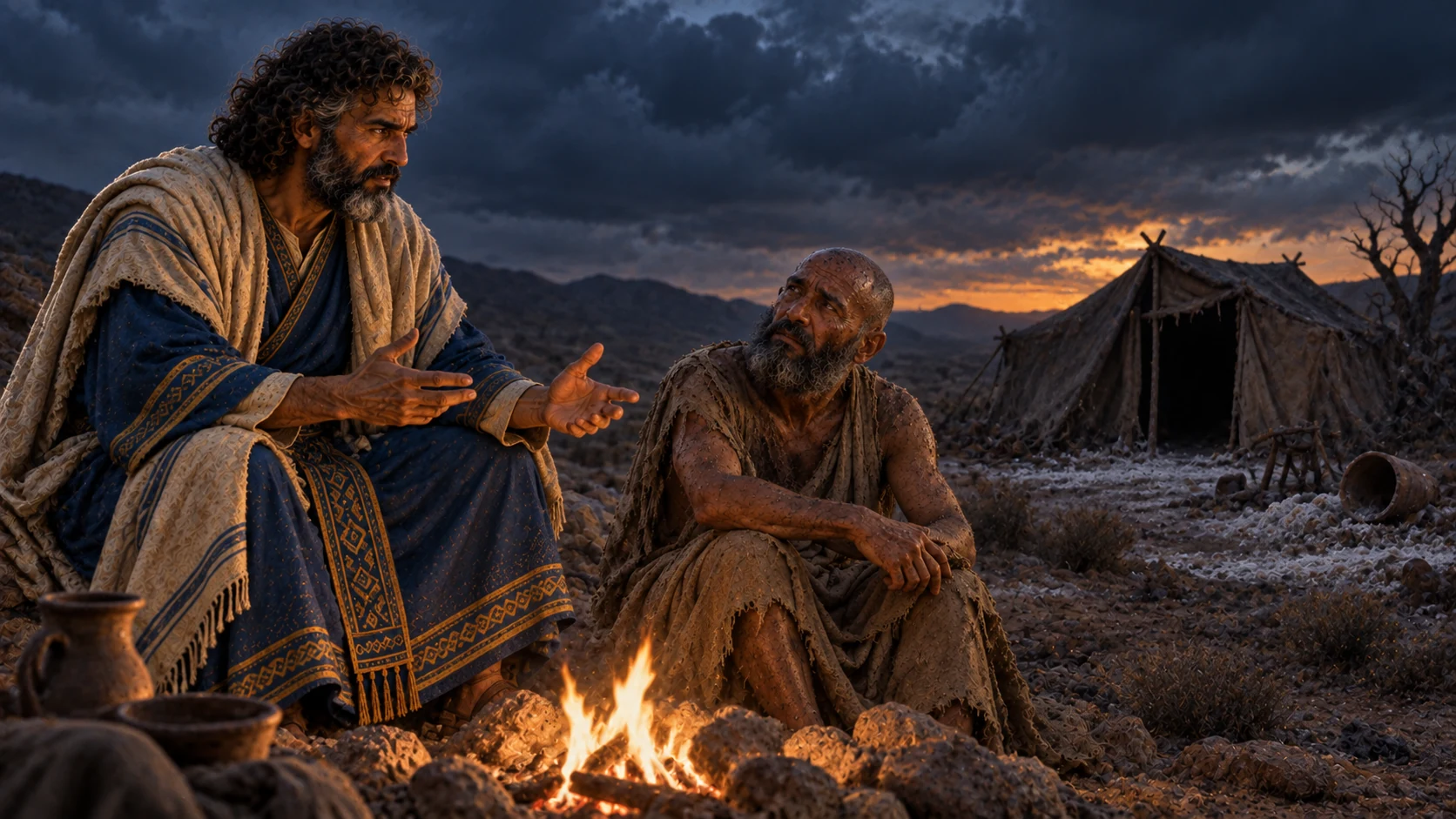 Bildad speaks near the fire with an empty dark tent beyond.