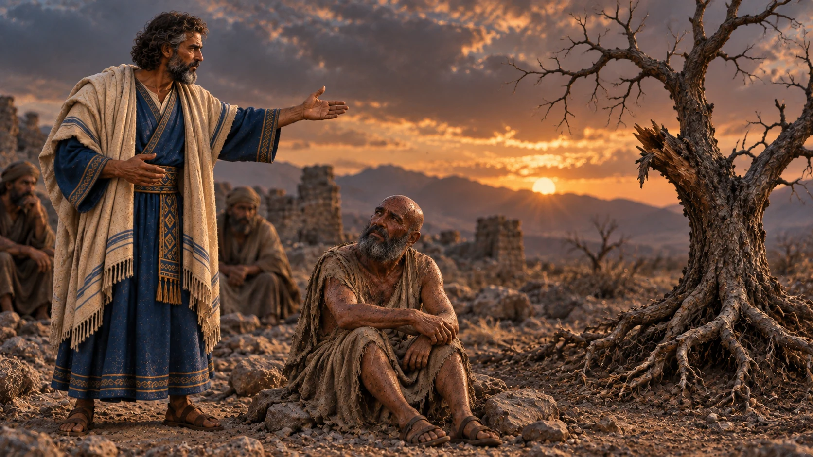 Bildad gestures toward a withered tree while Job listens.