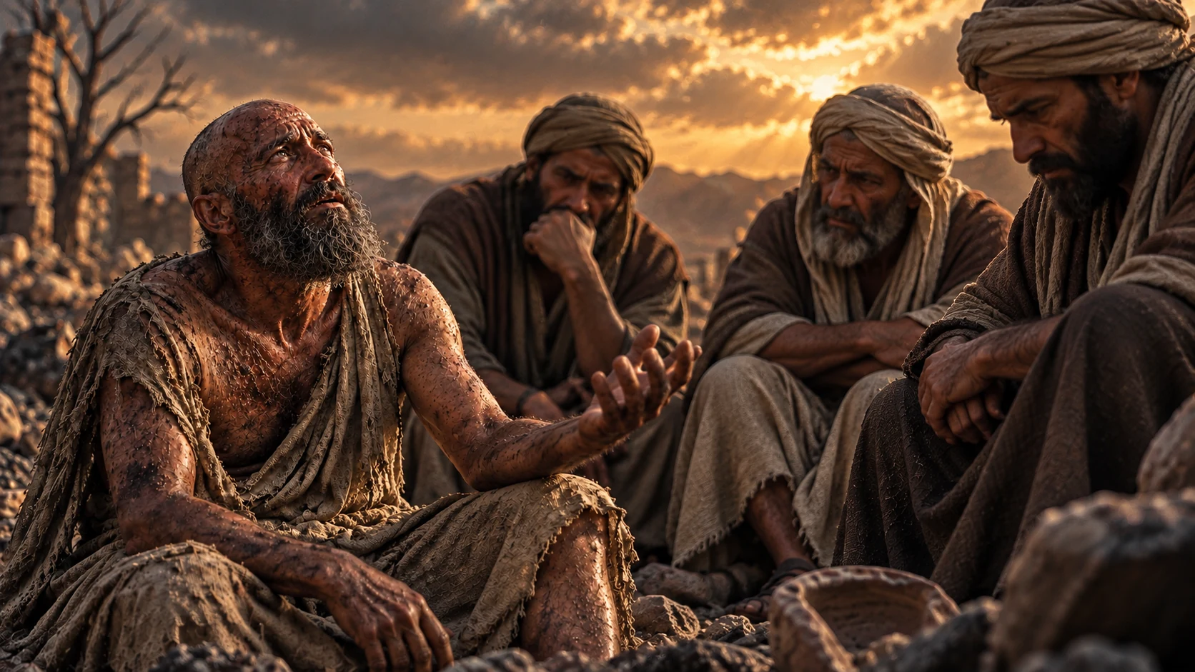 Job speaks urgently to his three silent friends.