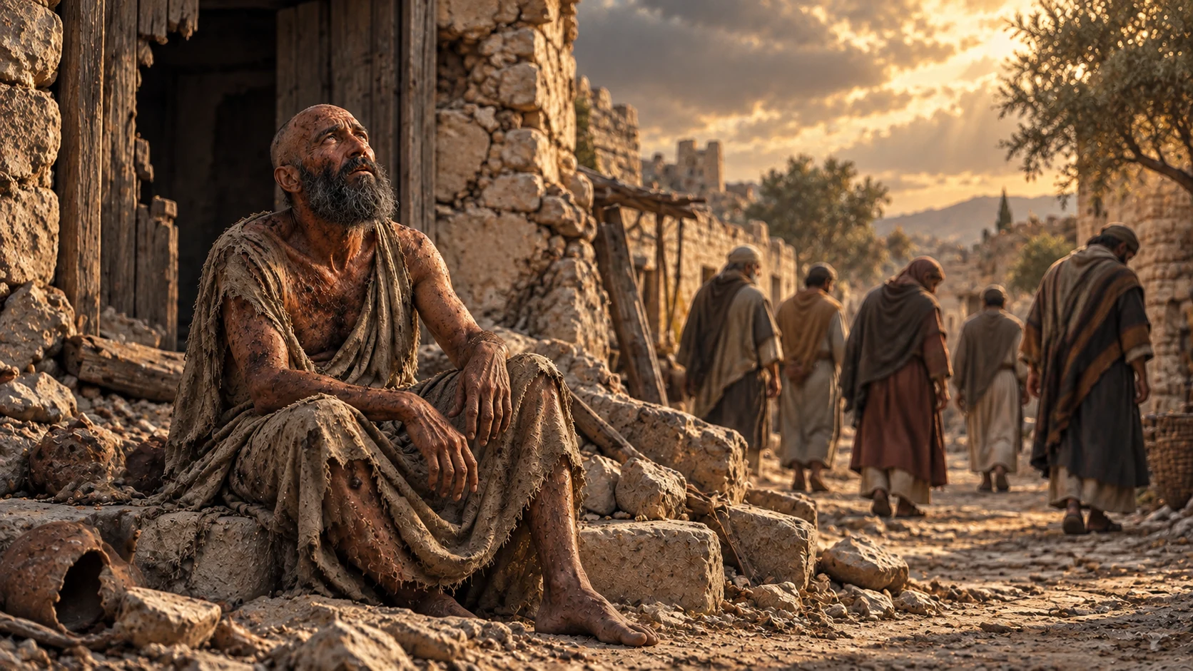 Job sits alone by a damaged doorway as adult acquaintances walk away.