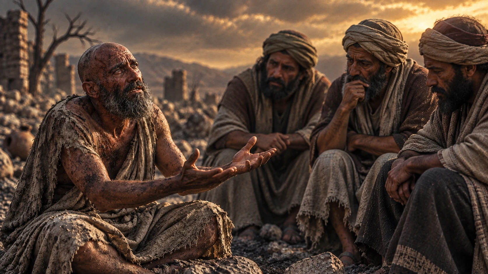 Job pleads with open hands before his three friends.