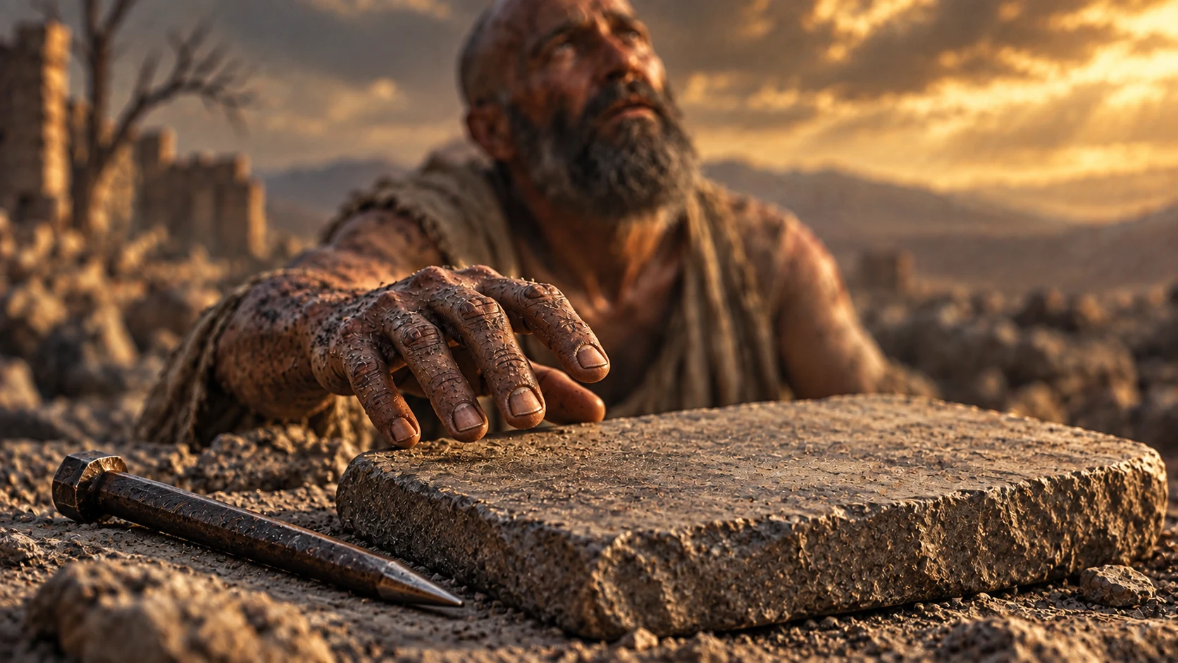 Job reaches toward an unmarked stone slab beside an iron stylus.