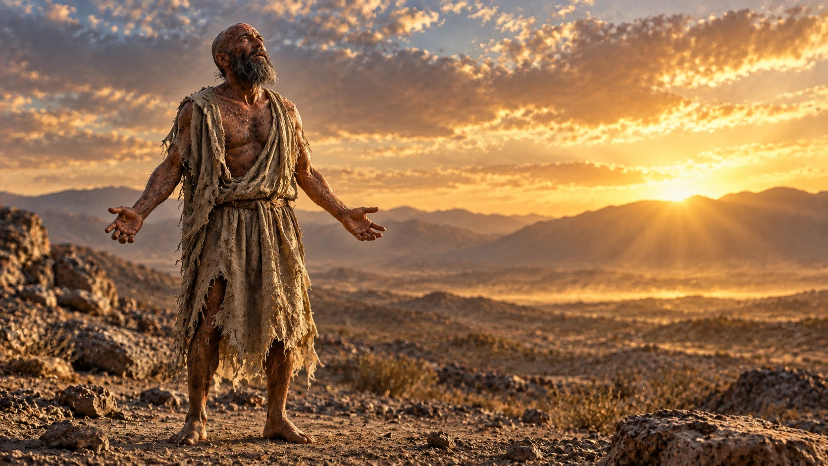 Job stands alone on dusty ground at dawn, lifting his face in hope.