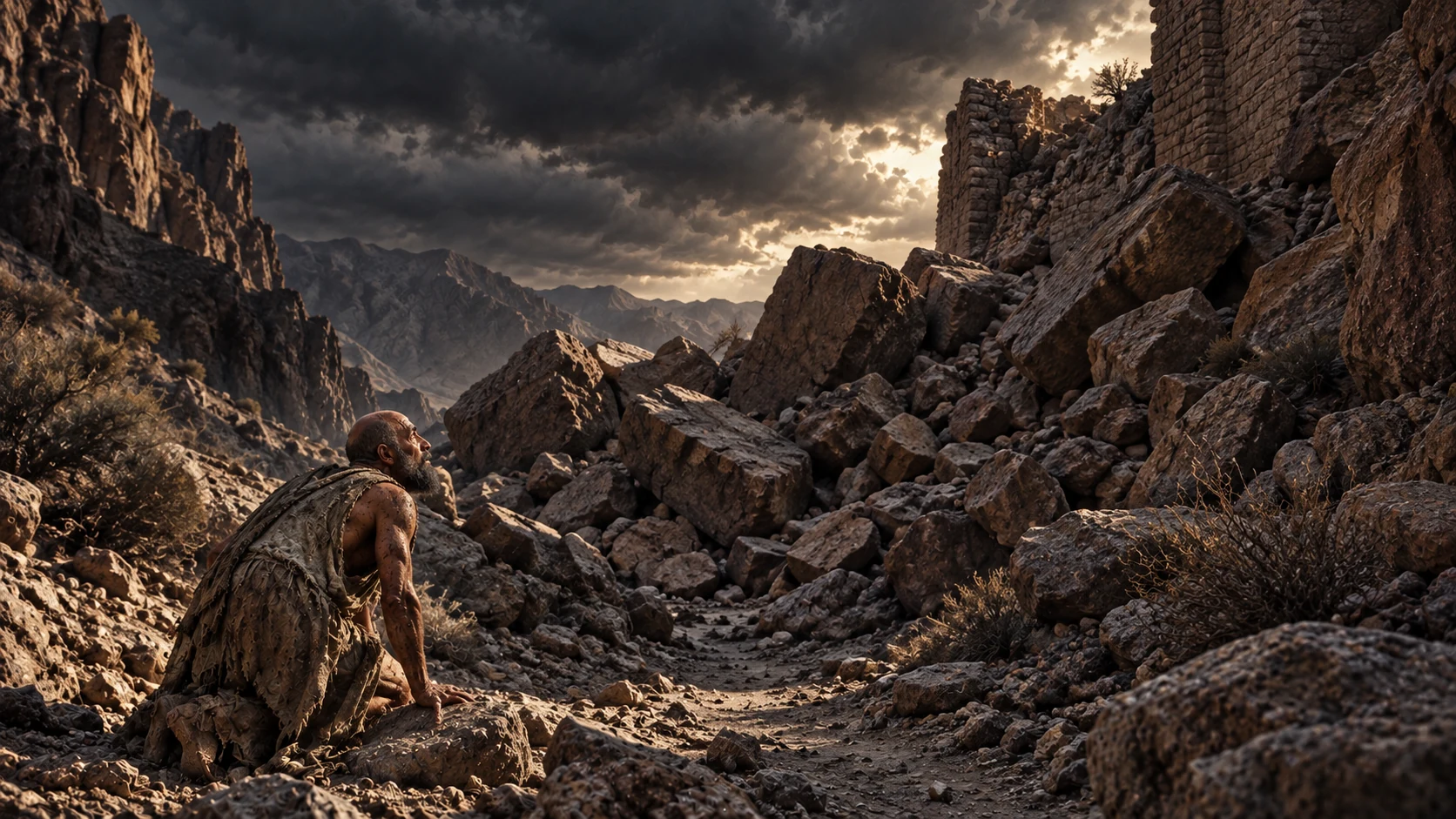 Job looks toward an ancient path blocked by collapsed stones.