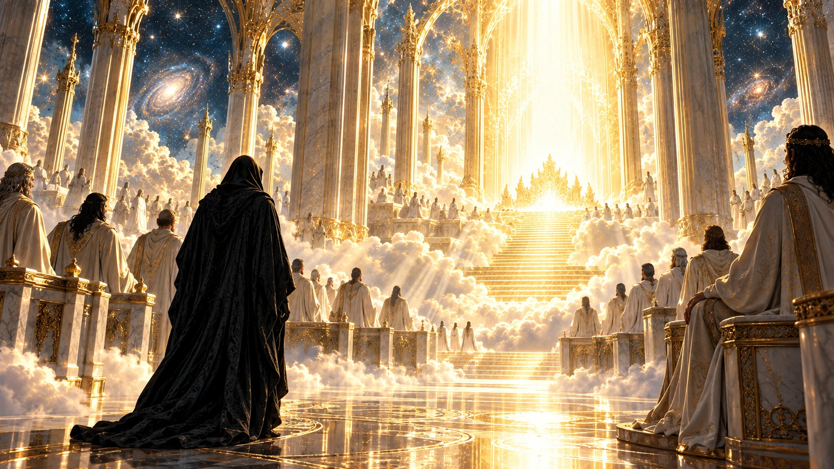 The dark-cloaked Adversary stands among a heavenly gathering before unoccupied light.