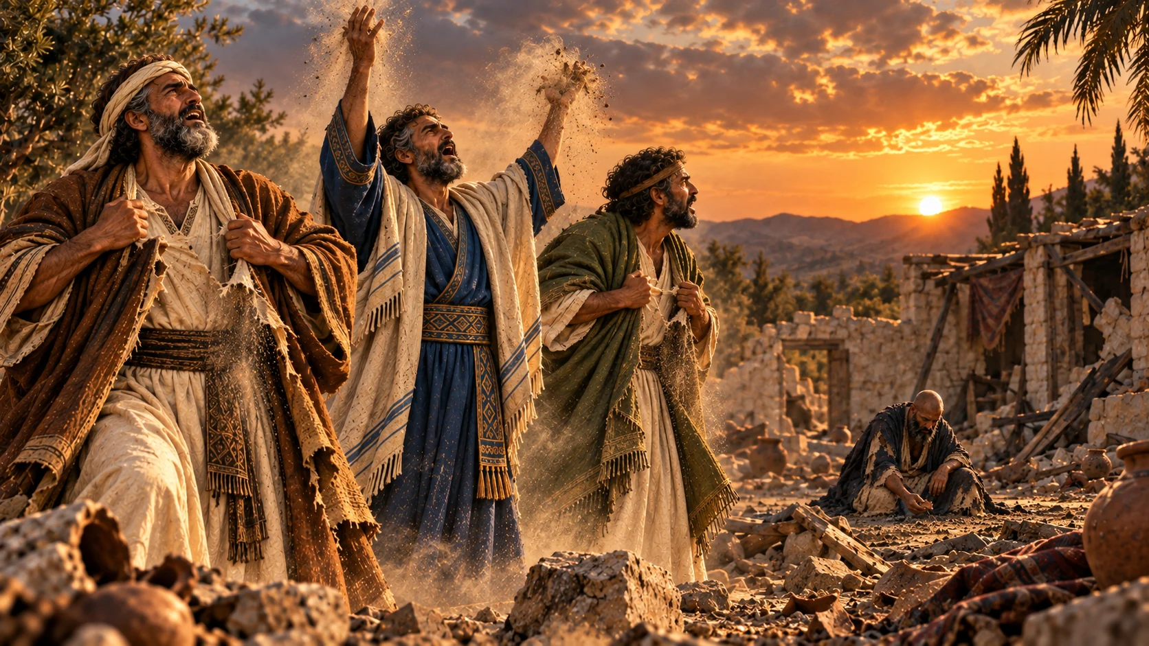 Eliphaz, Bildad and Zophar grieve when they recognize Job from afar.