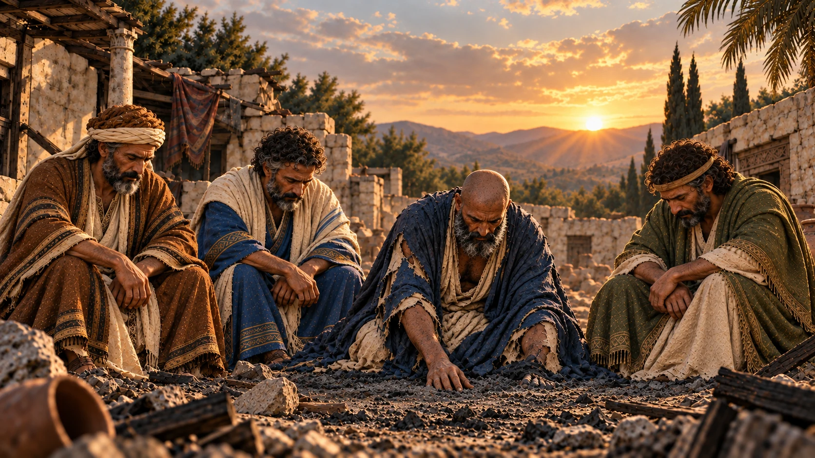 Job and his three friends sit together in silence at dawn.