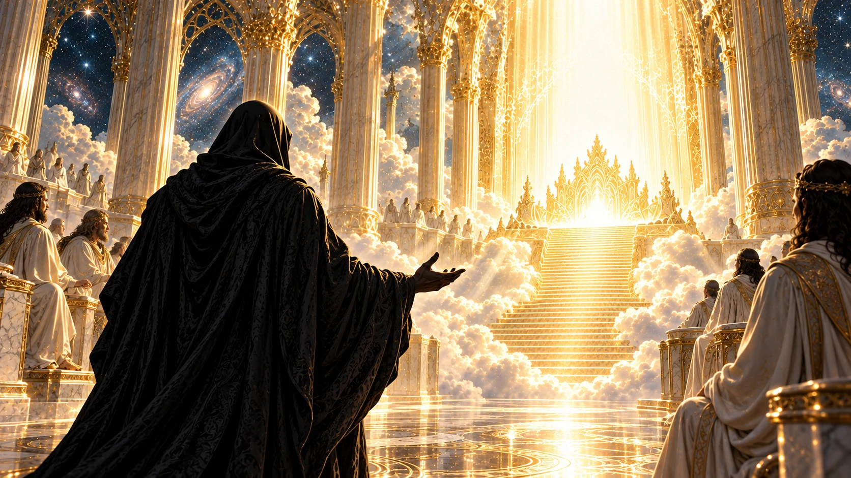 The Adversary gestures before a bright unoccupied presence as others observe.