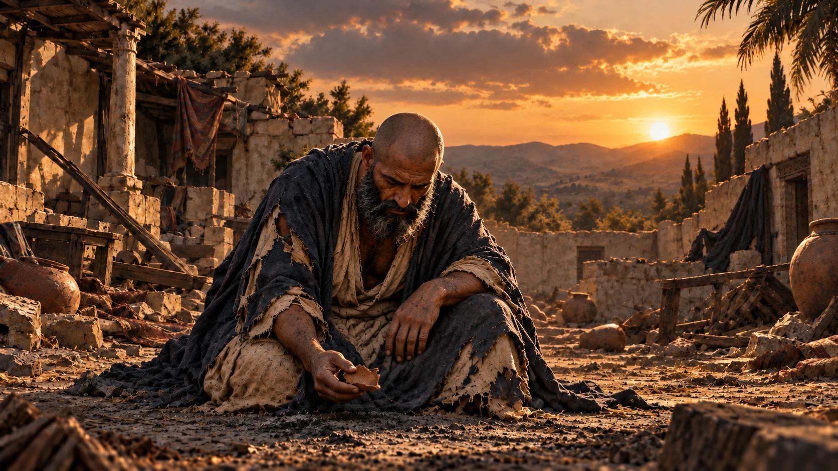 Job sits with a potsherd among ashes near his damaged household.