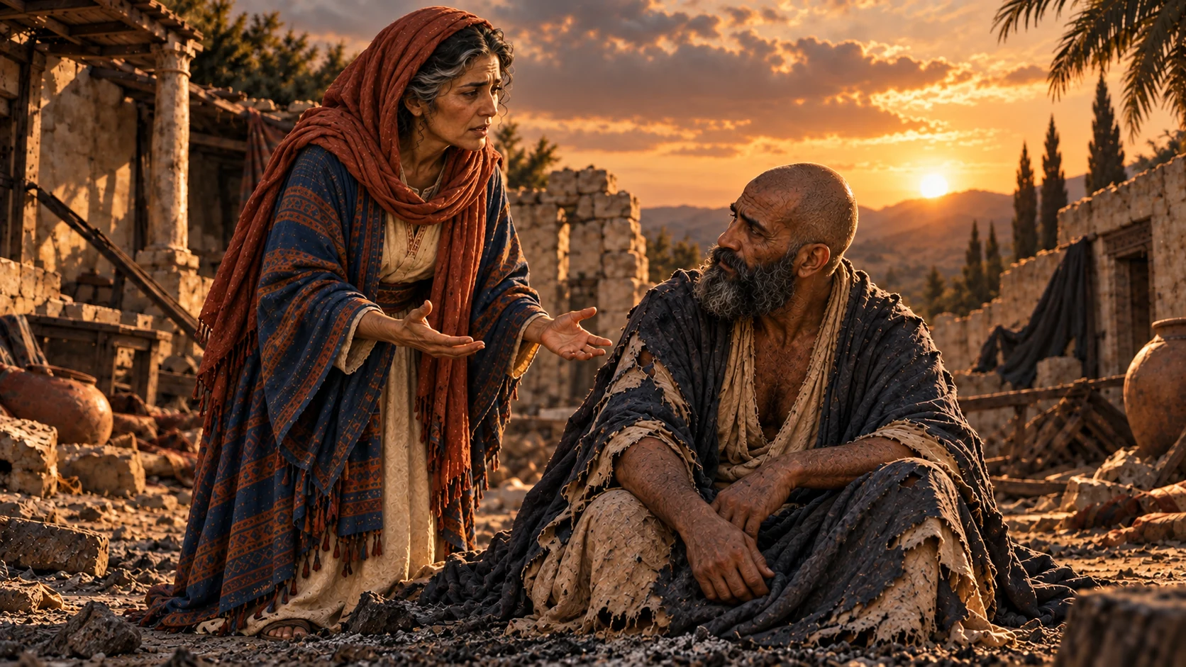 Job and his wife speak amid the ruins at dusk.
