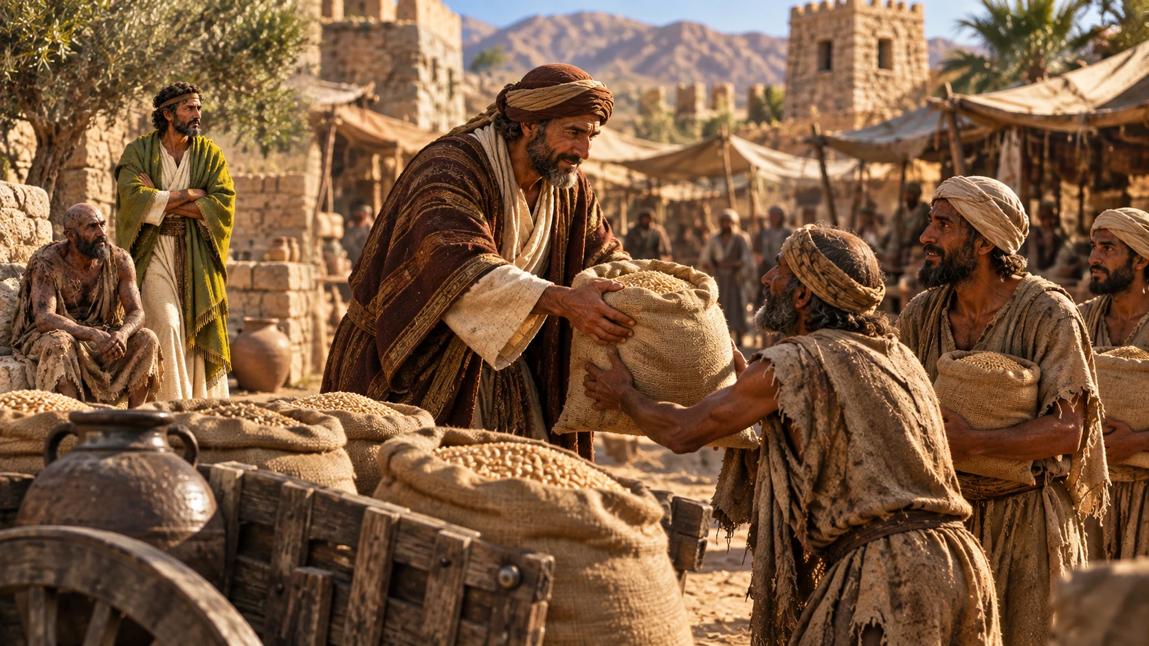 In a market, an anonymous merchant returns sacks of grain while Zophar and Job observe apart.
