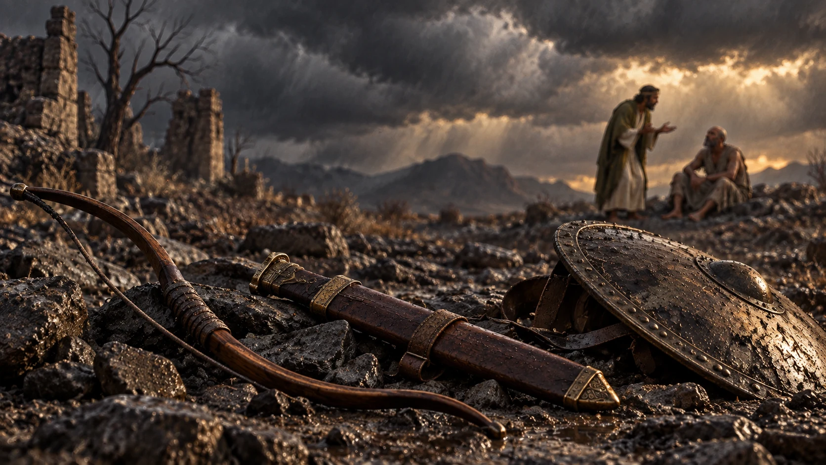 Empty weapons lie on storm-dark ground as Zophar speaks to Job far beyond.