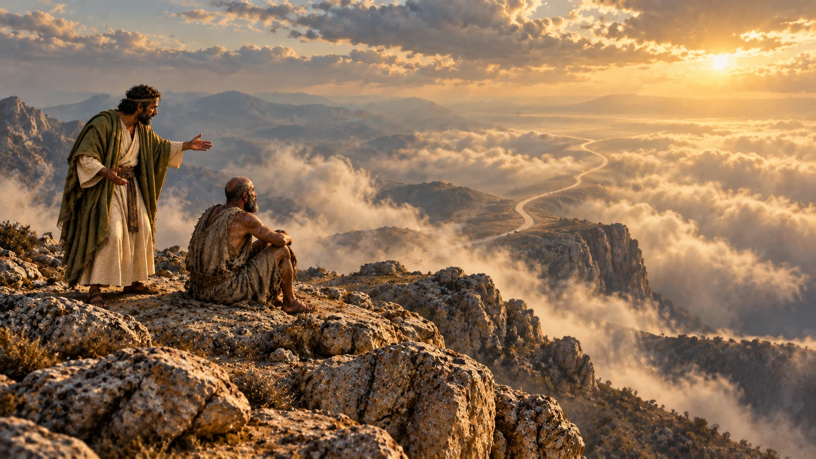 Zophar and Job look across a high ridge above clouds and a winding road.