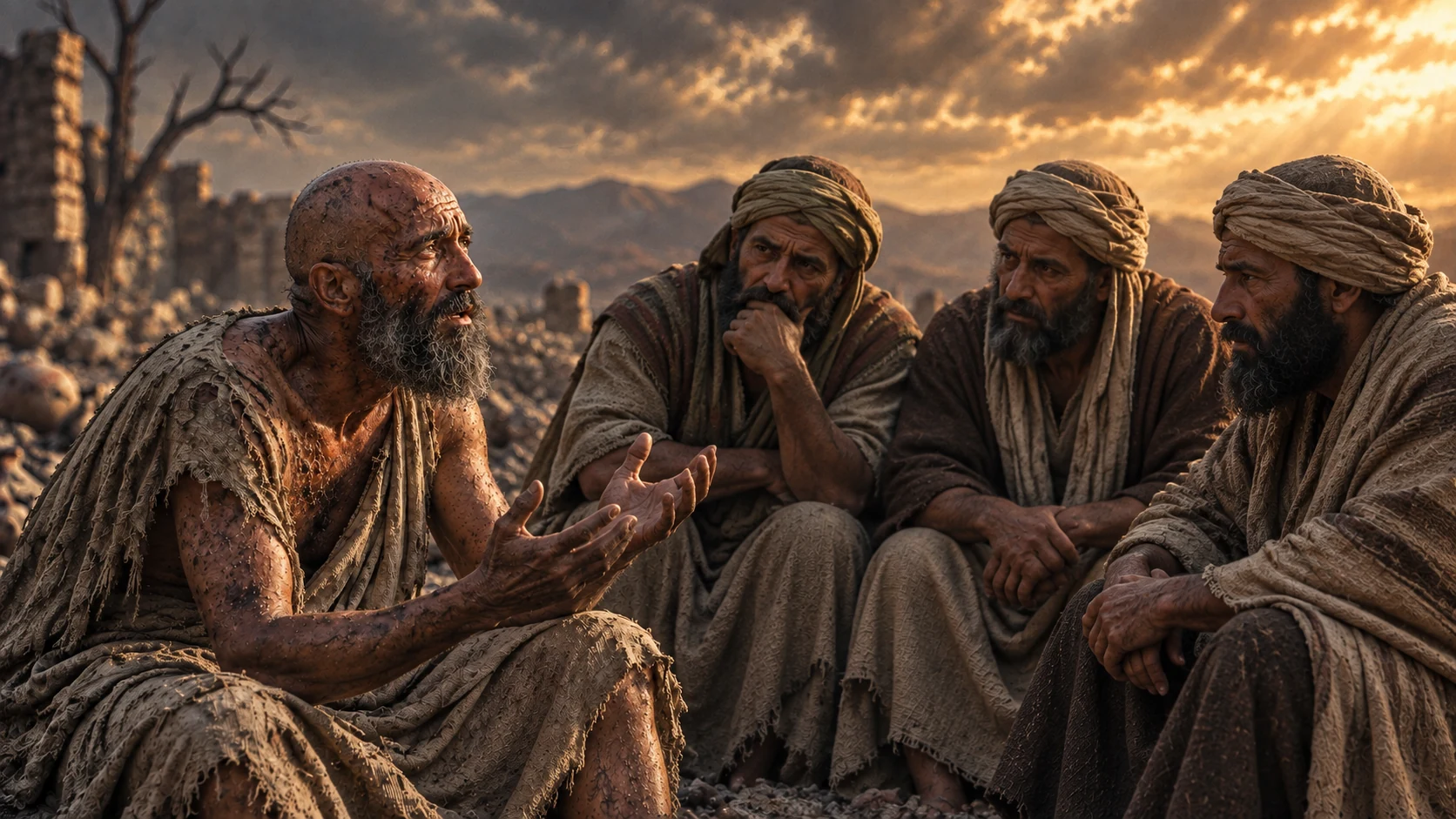 Job leans toward his three friends and asks them to listen.
