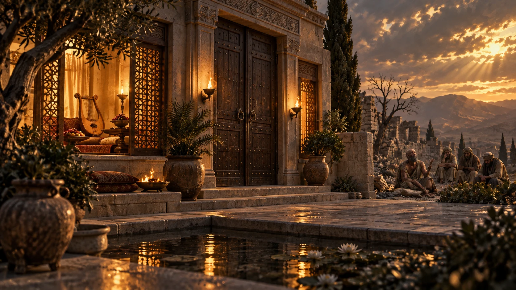 A wealthy anonymous house has closed doors while Job speaks at a distance.