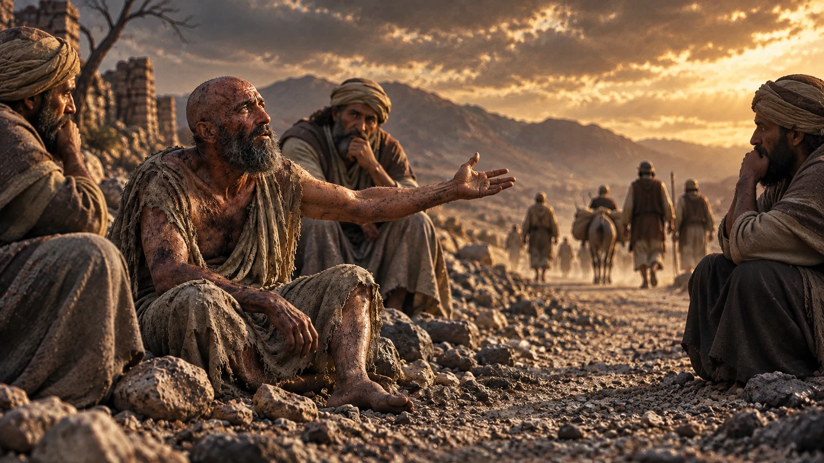 Job gestures toward distant travelers passing along a road while his friends listen.
