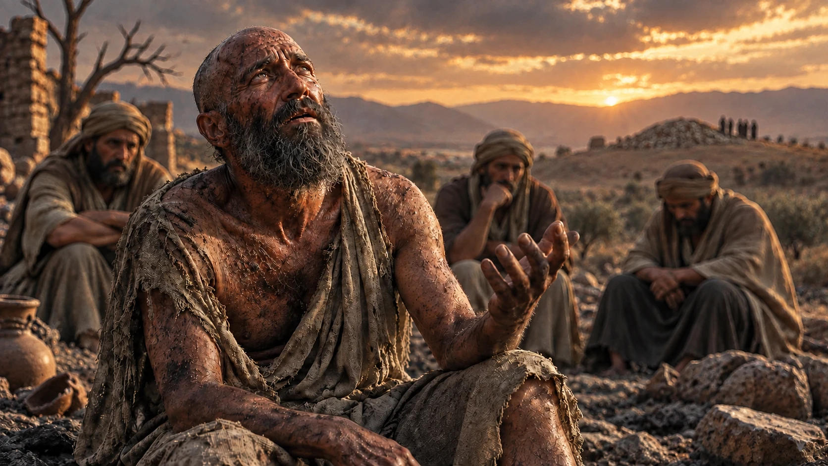 Job speaks to his three friends with a distant grave mound beyond them.