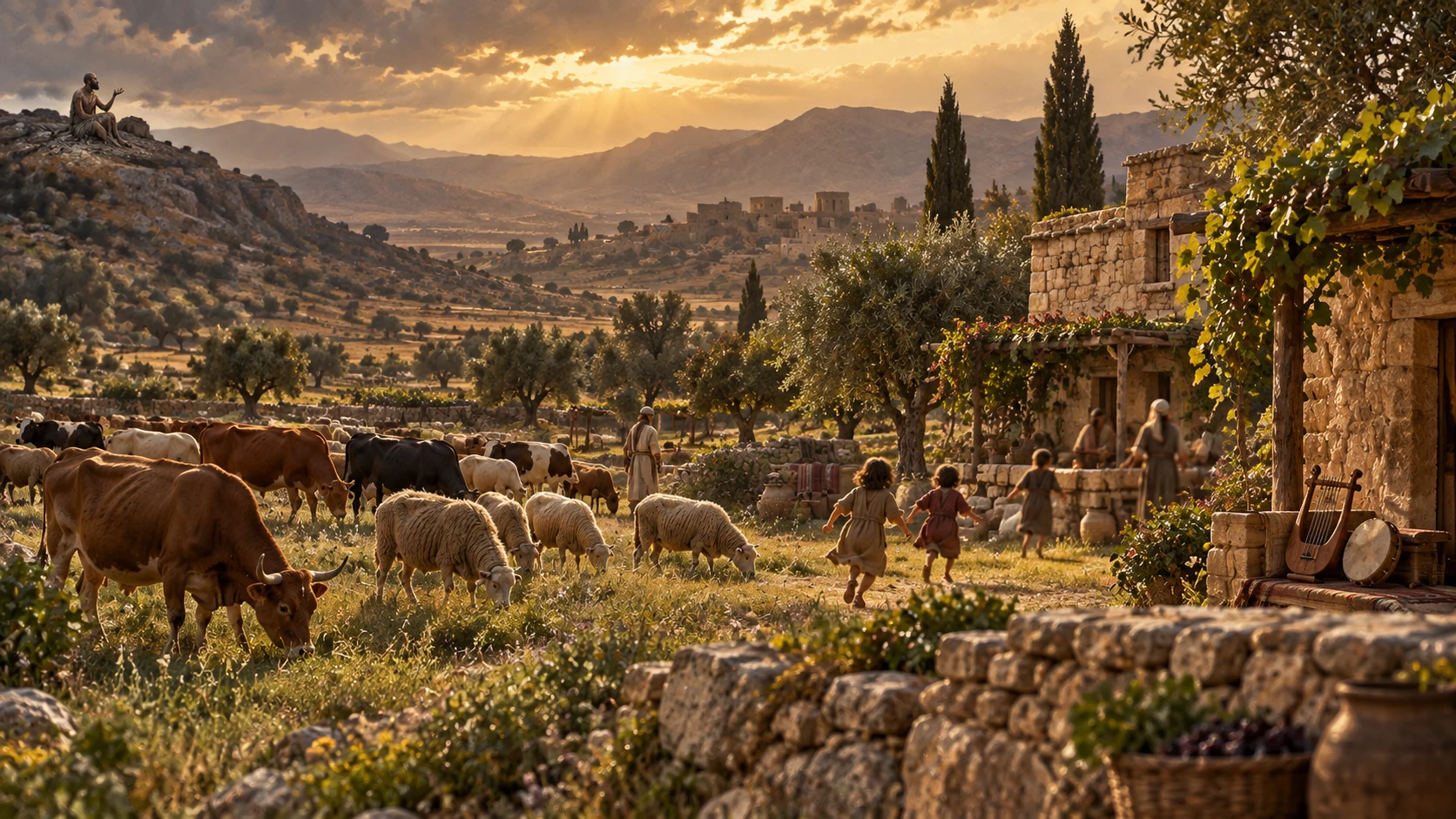 An anonymous prosperous pastoral household appears at a distance, separate from Job.