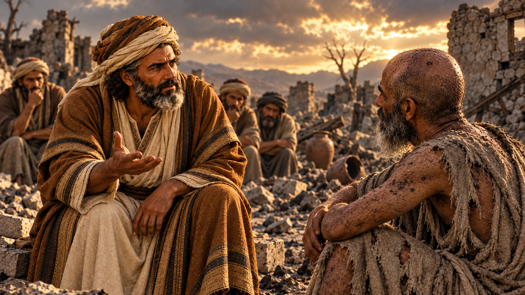 Eliphaz questions Job amid the ruined household.