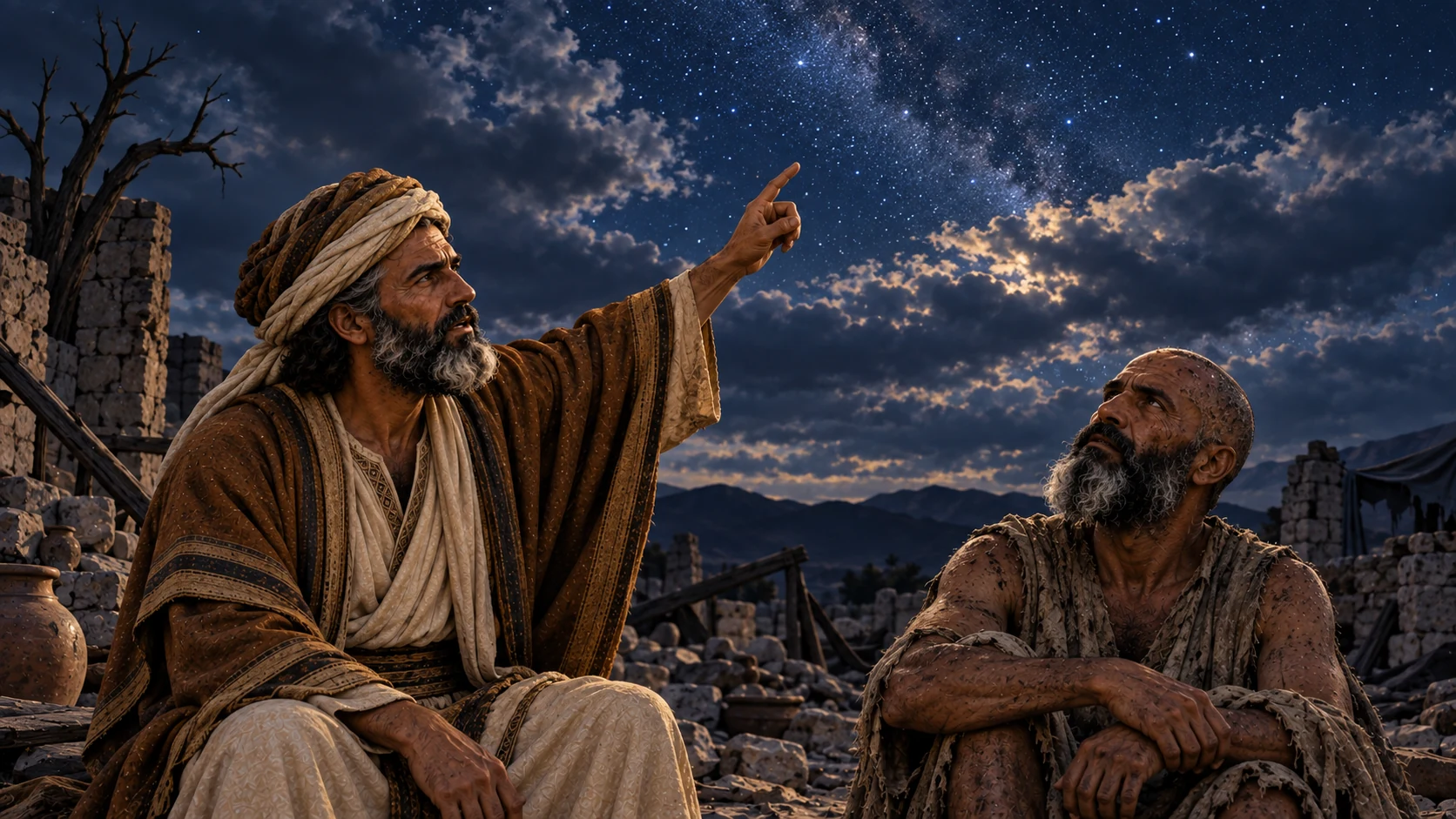Eliphaz points to stars and clouds while Job listens.