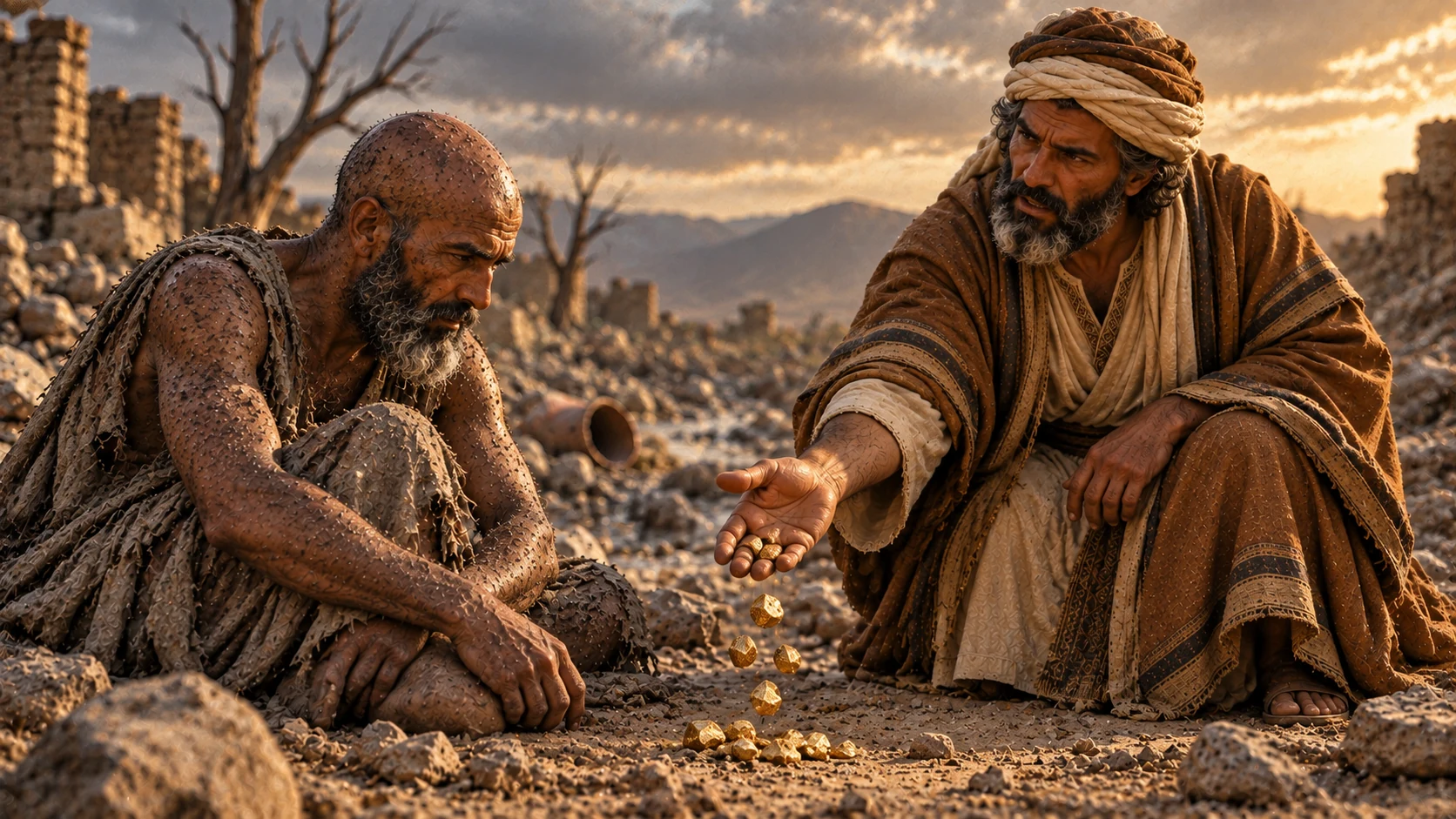Eliphaz lets plain gold pieces fall onto the dust before Job.