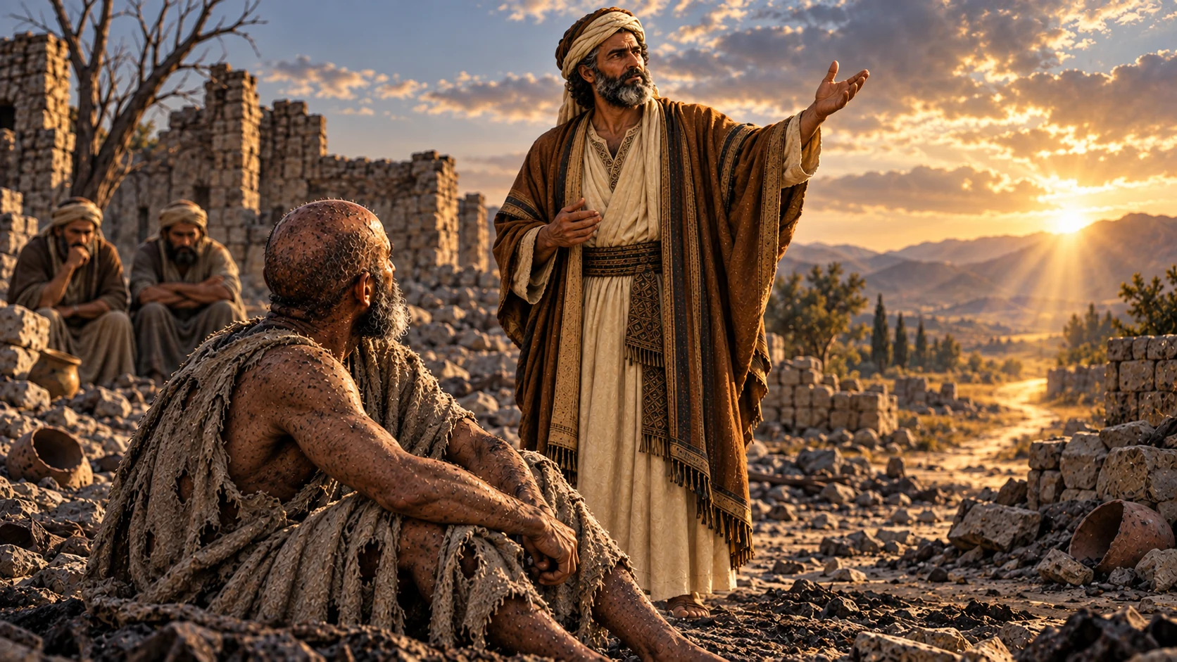 Eliphaz finishes his promises at dawn while Job listens.