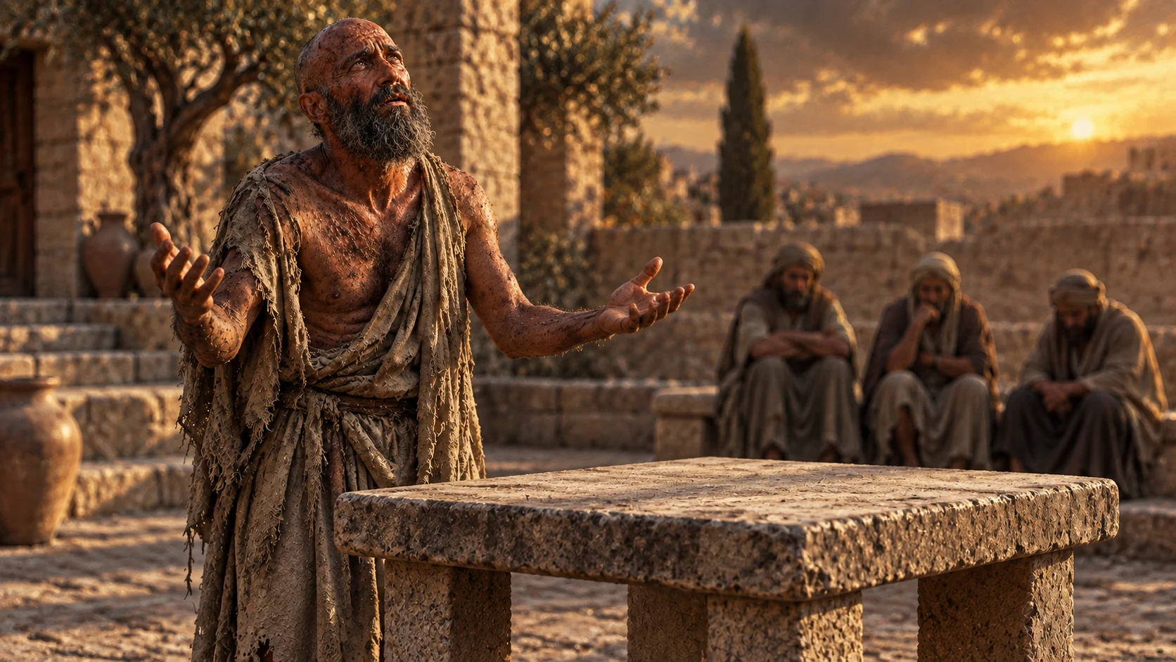 Job presents his case beside an empty stone table while his friends sit far behind.