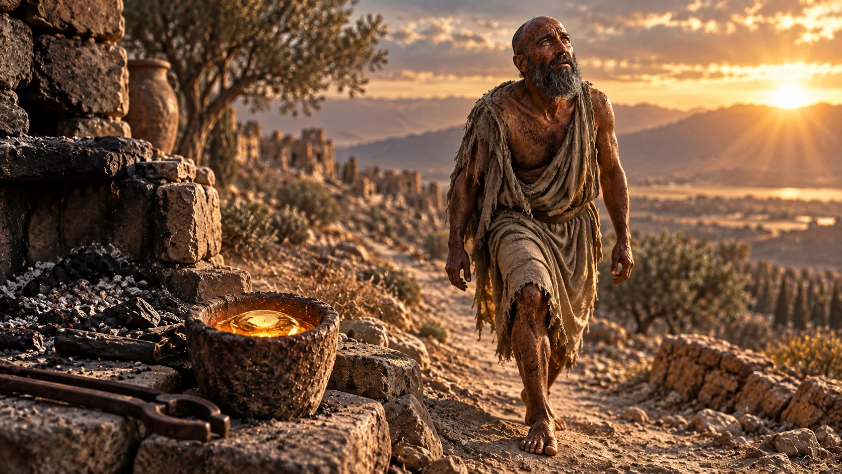 Job walks beside an artisan’s crucible on a path toward dawn light.