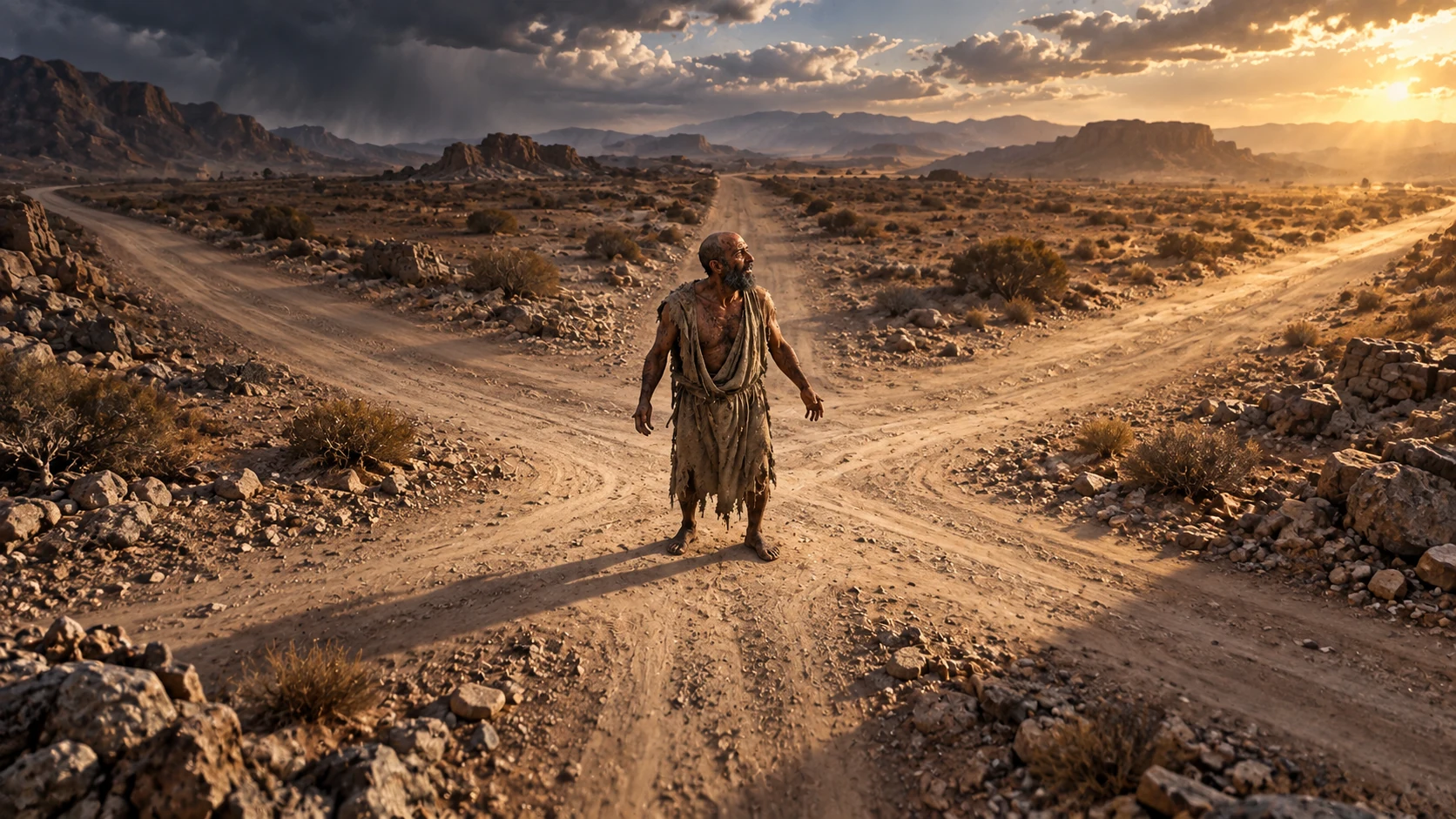 Job stands alone at a desert crossroads searching every direction.