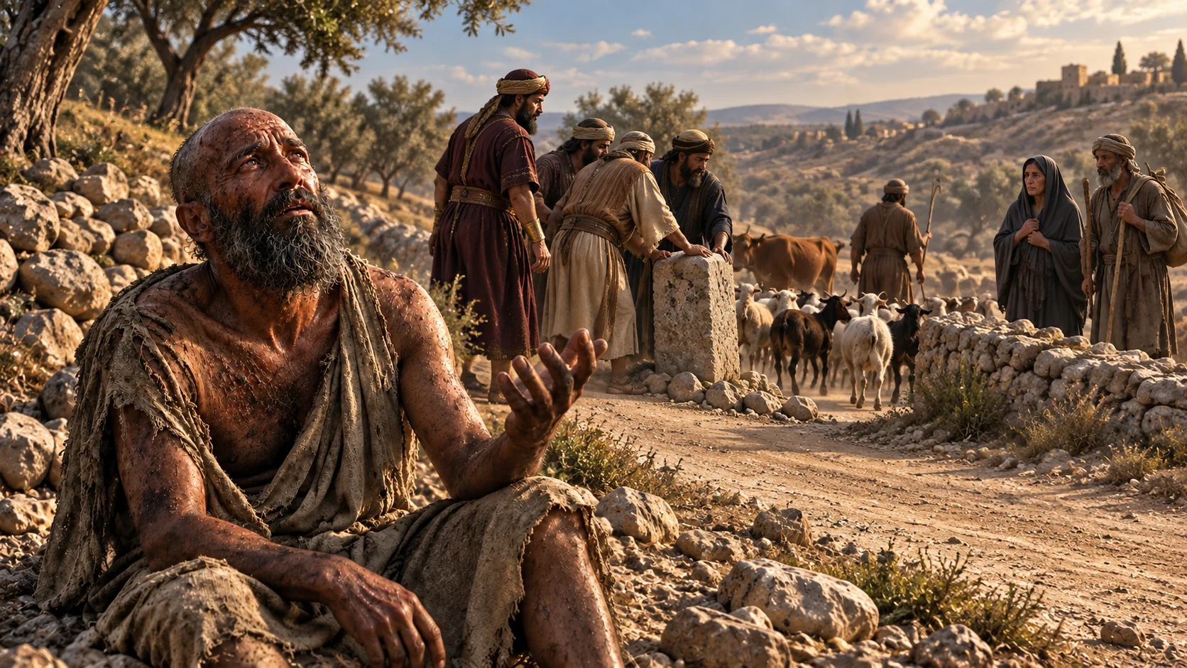 Job speaks beside a rural road where anonymous men move a boundary stone and lead livestock away.