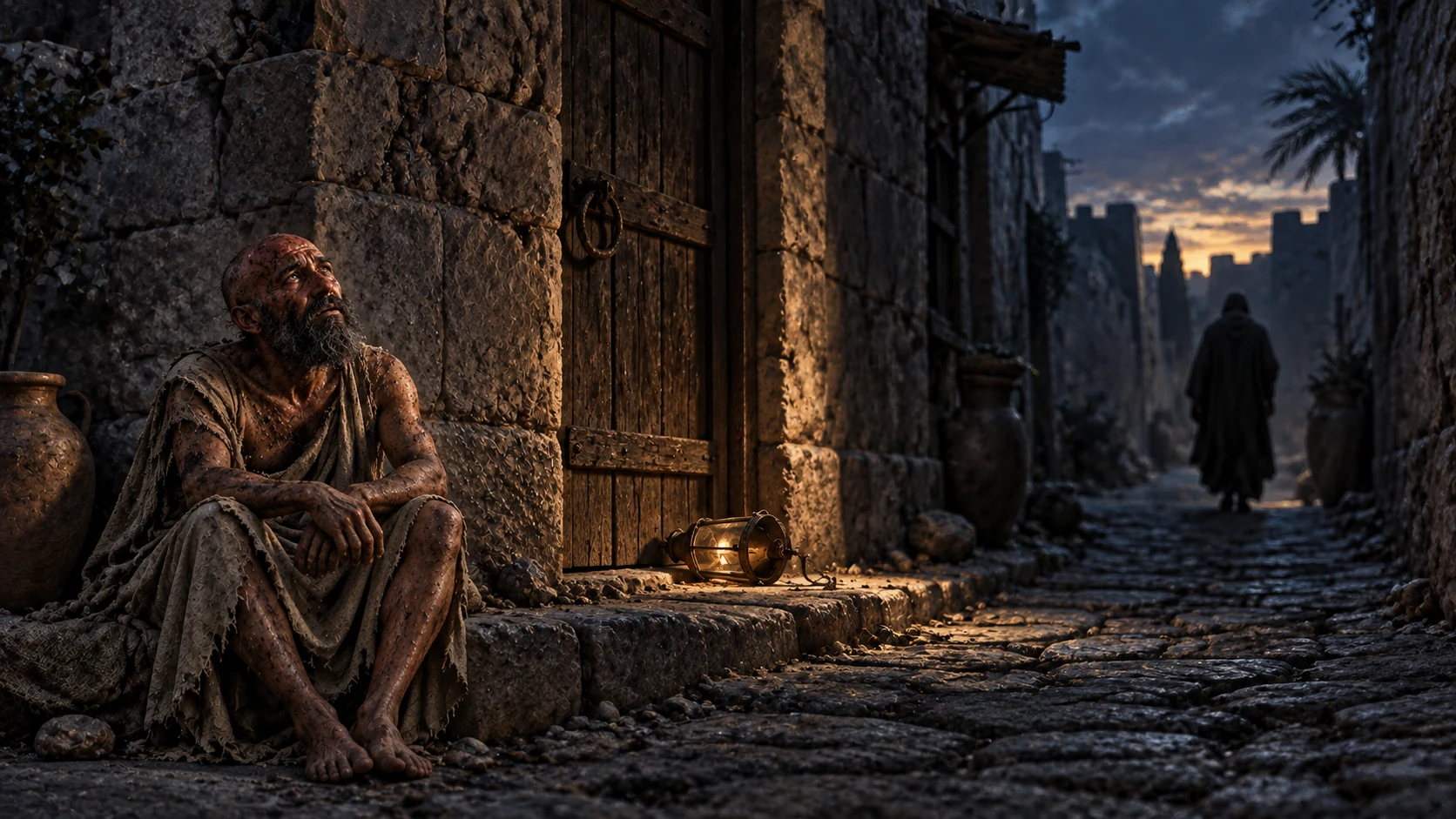 Job sits safely at the near edge of an empty shadowed alley with a distant concealed figure.