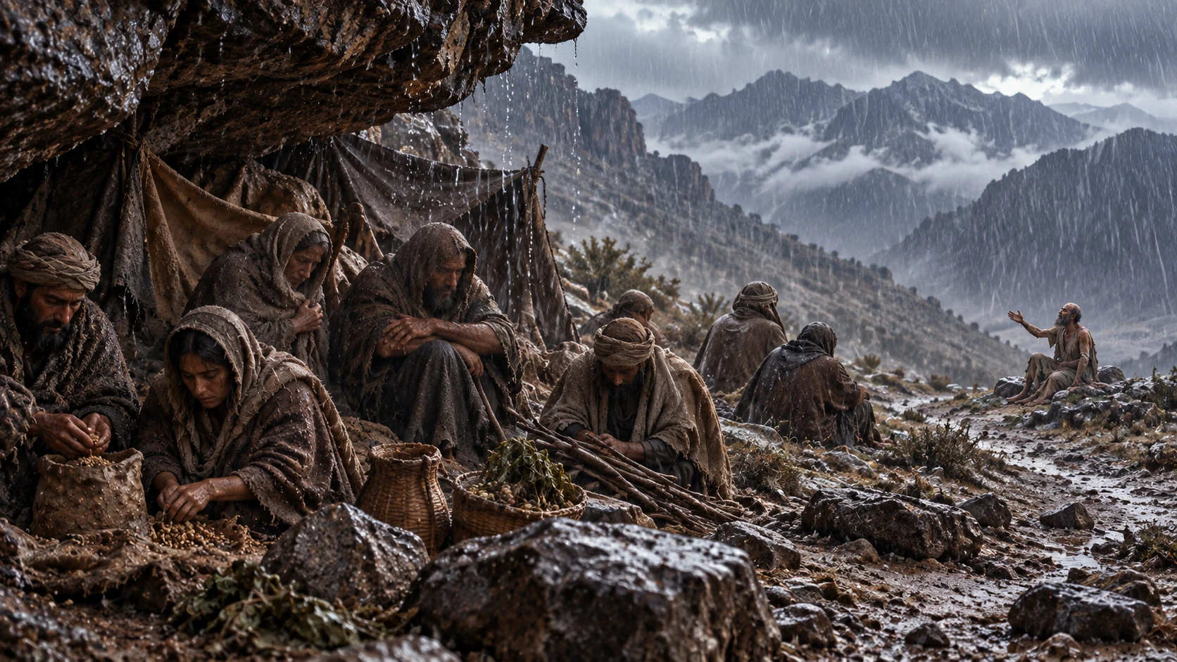Anonymous poor adults shelter beside mountain rocks in cold rain while Job speaks afar.