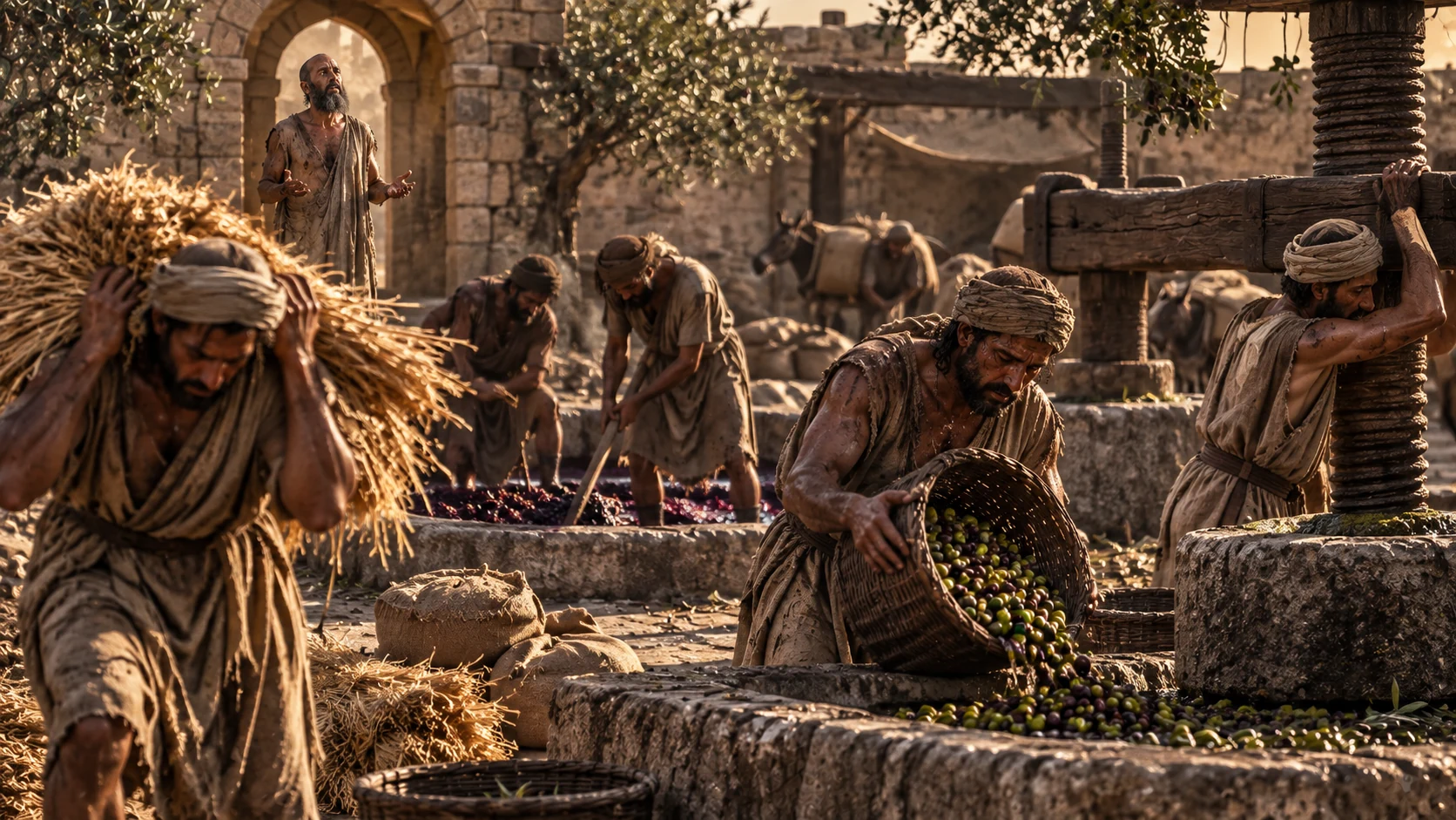 Adult laborers carry sheaves and press olives while Job observes from an archway.