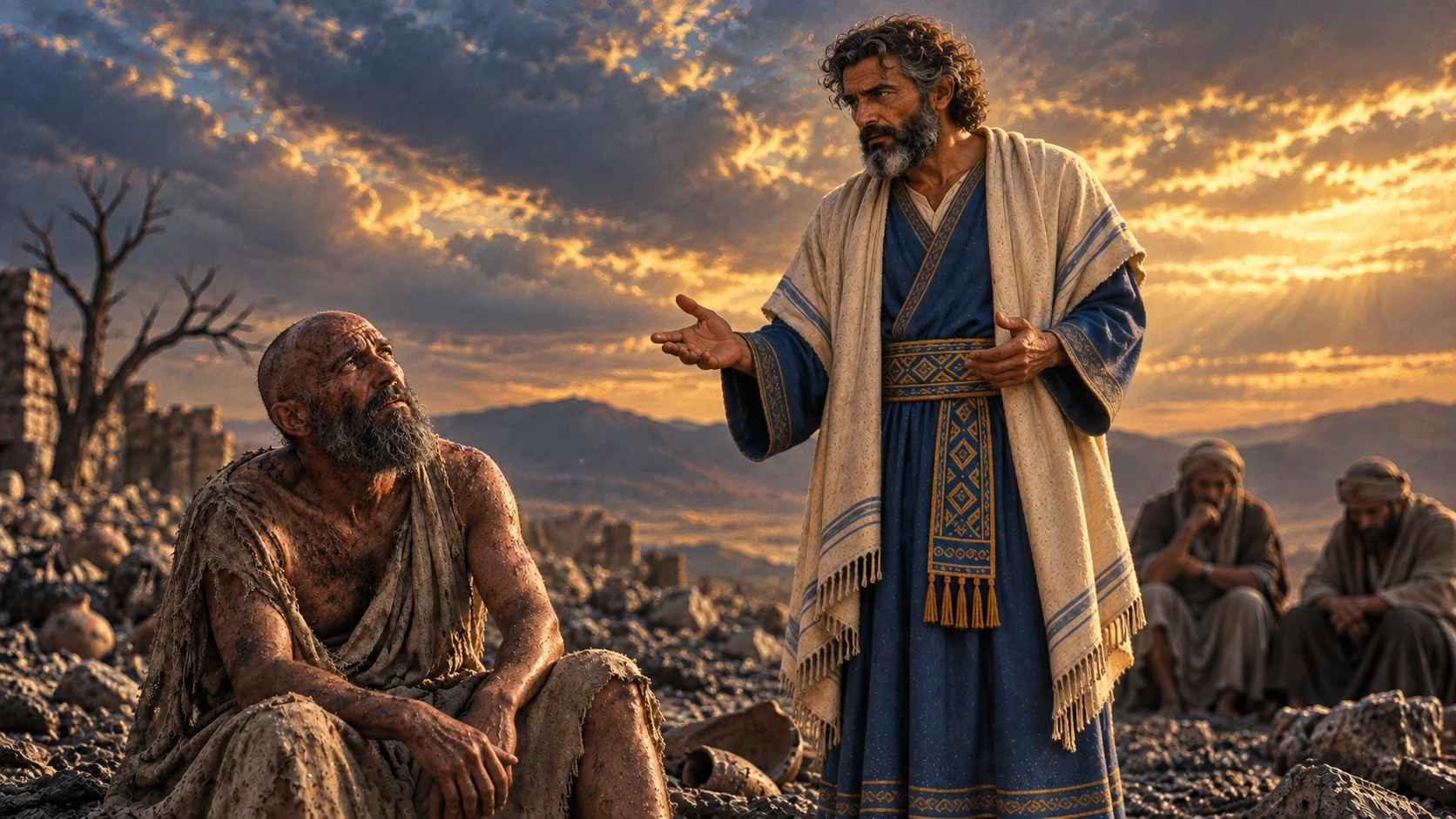 Bildad speaks to afflicted Job beneath a vast twilight sky while two friends listen behind.
