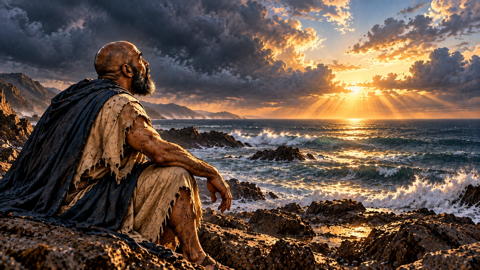 Job sits in awe as dawn breaks beyond receding clouds.