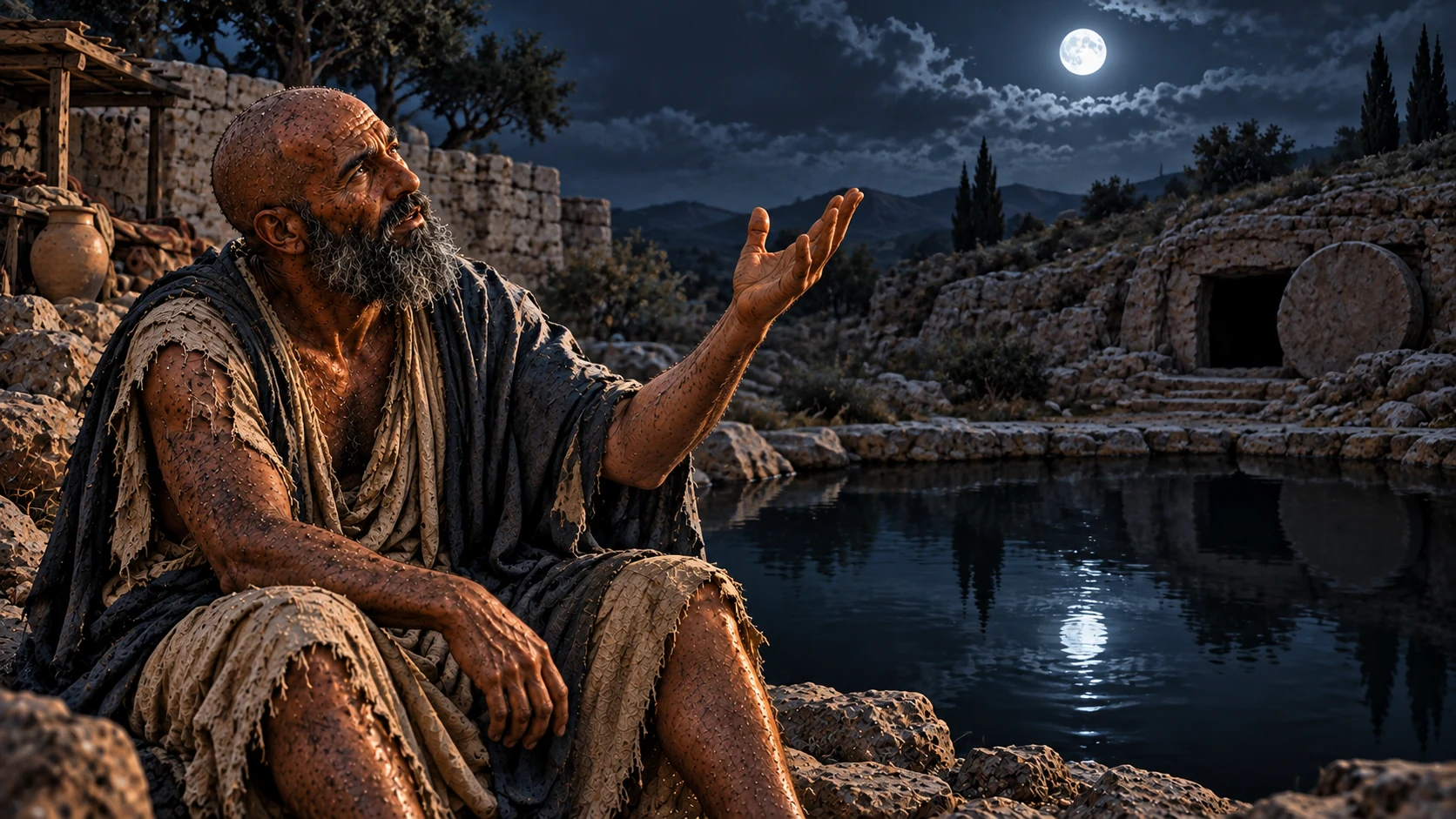 Job speaks beside dark water and an empty tomb entrance.