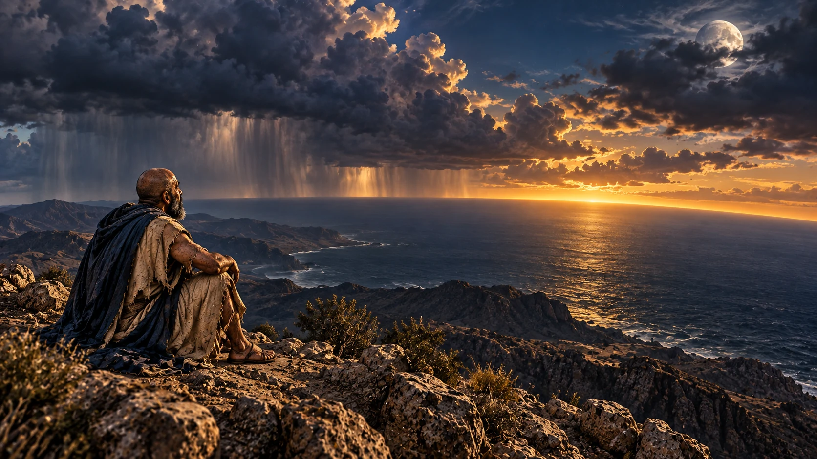 Job watches clouds, moon, sea, and the boundary of light.