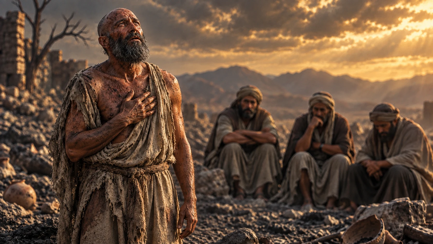 Job stands with one hand on his chest while his three friends listen.