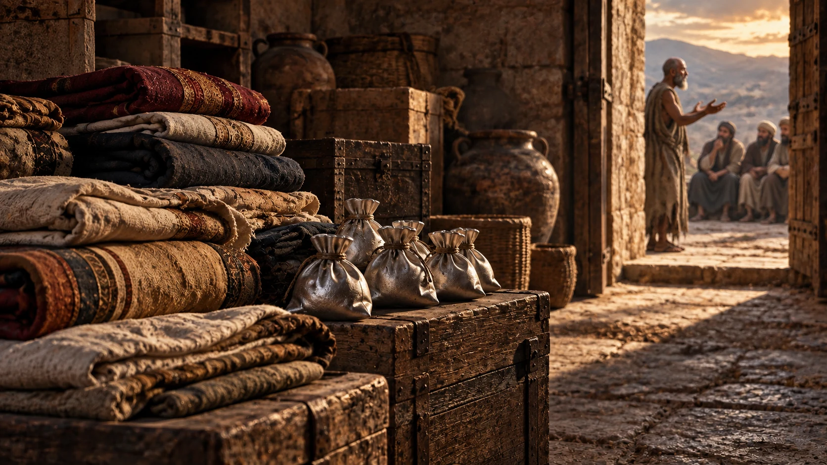 Folded garments and silver bags fill an empty storeroom while Job speaks outside.