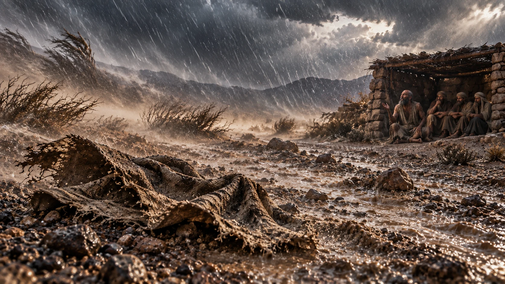 An empty cloak lies in an east-wind storm while Job and his friends shelter far behind.