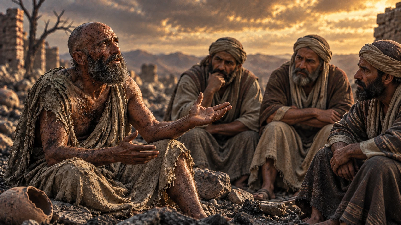 Job speaks with open hands to his three seated friends.