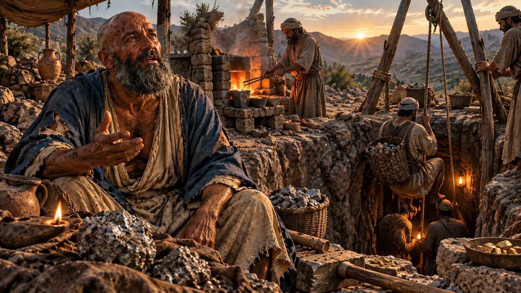 Job speaks while miners descend to search the dark rock.