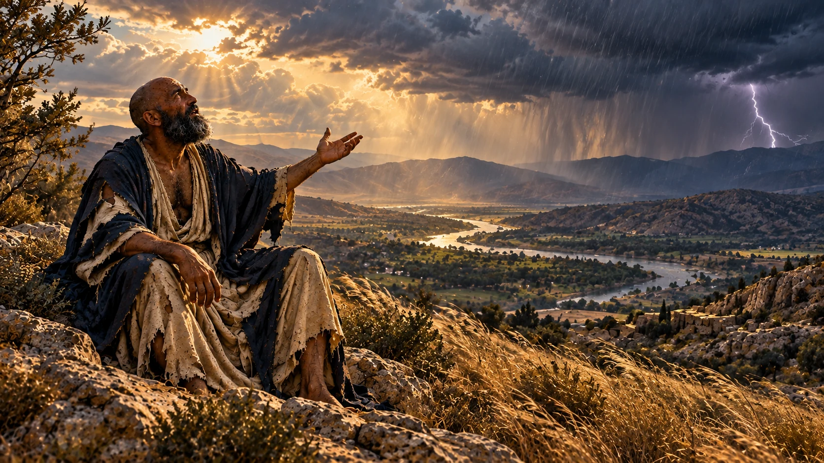 Job watches ordered wind, rain, water, and lightning across the valley.