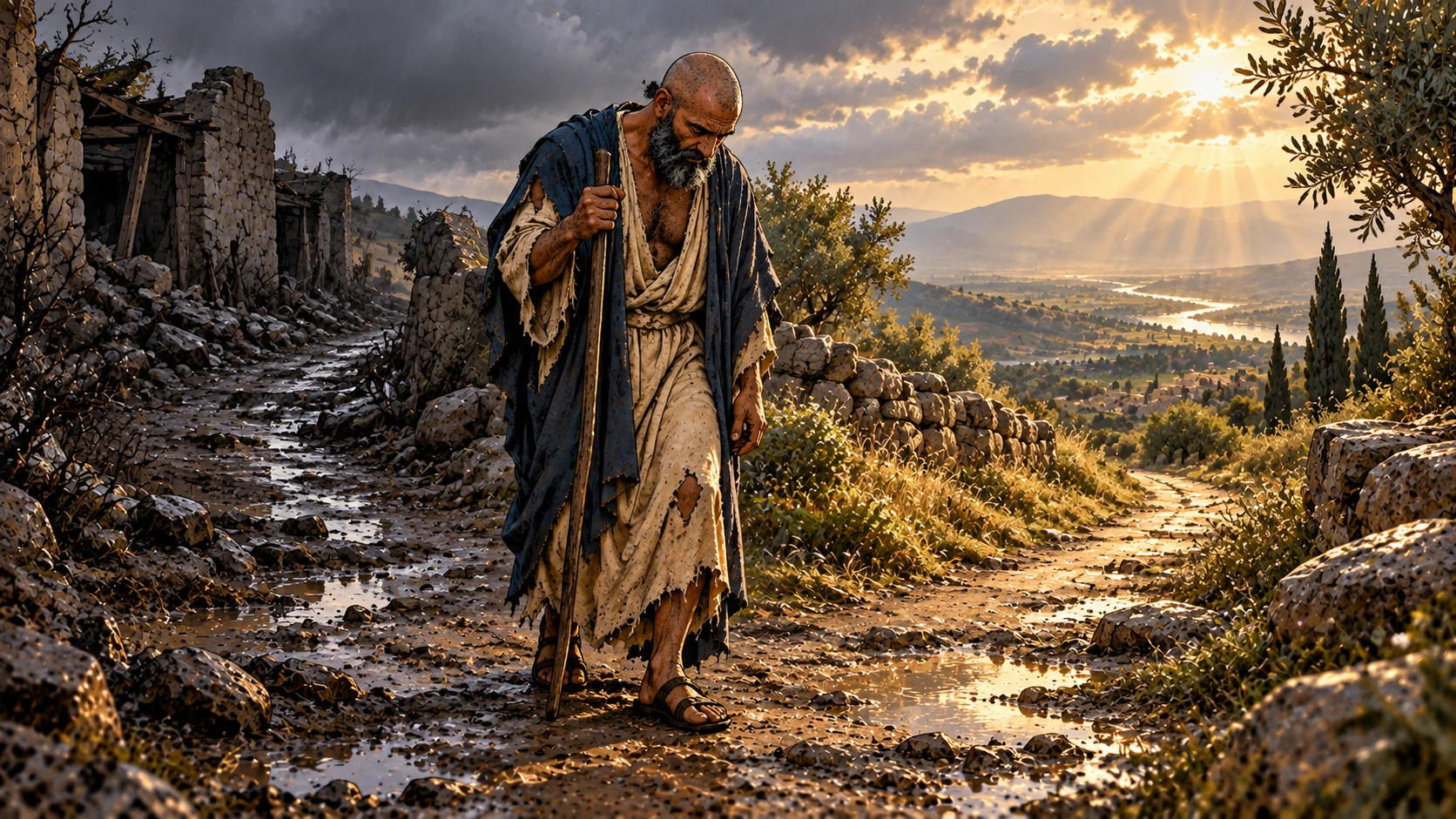 Job chooses the open path in humble reflection after rain.